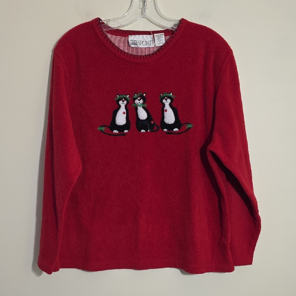 Vtg C.D. Sport Fleece Embroidered Christmas Cat With Mouse Sweatshirt Woman Sz L